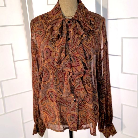Ellen Tracy Sheer Silk Paisley Button Front Ruffle - Picture 2 of 10